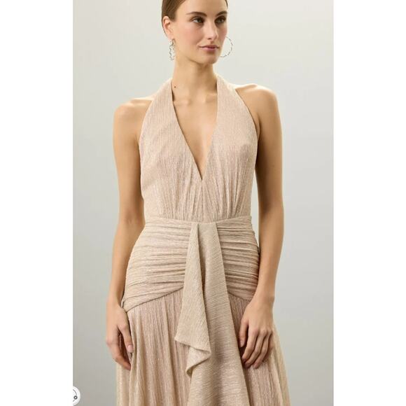 PatBO Gold Lurex Draped Halter Maxi Dress Size 4 - Picture 2 of 9